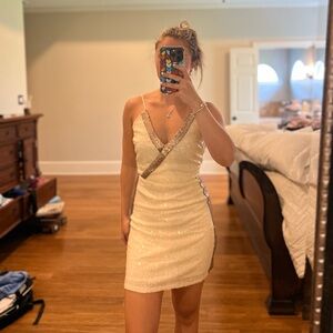 Gianni Bini Cream Bodycon Mini Dress with Spaghetti Strap Plunge Neckline